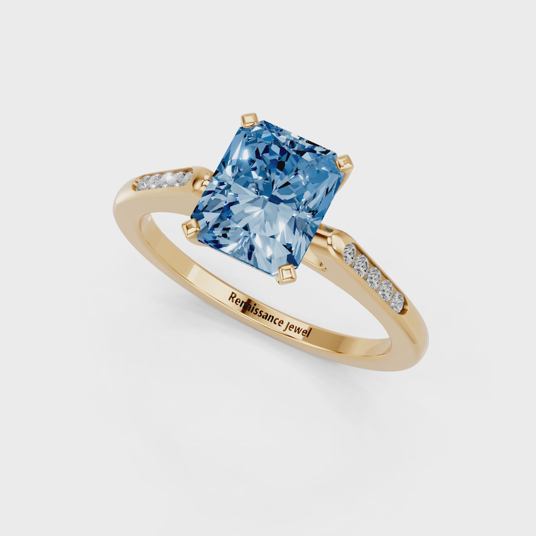 Yellow gold Fancy Blue Radiant  Cut Channel Set Solitaire Engagement Ring with Four-Prong Setting_113