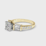 Yellow gold Cushion Cut Diamond Engagement Ring with Baguette Side Stones and Channel Set Band