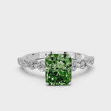 Platinum Fancy Green Radiant Cut Solitaire Diamond Ring with Pave Band and Four-Prong Setting