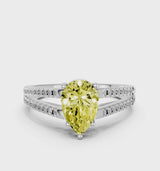Silver Fancy Yellow Pear Cut Diamond Solitaire Engagement Ring with Split Shank Pavé Band