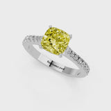 Platinum Fancy Yellow Cushion  Cut Solitaire Diamond Engagement Ring with Pave Band and Four-Prong Setting