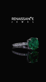 Silver Round Cut Emerald Solitaire Ring with Round  Pavé Band and Four-Prong Setting