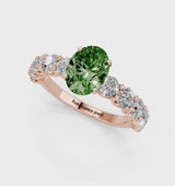 Rose gold Fancy Green Oval Cut Diamond Prong Setting with Side Stones on a Pave Band
