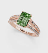 Rose gold Fancy Green Emerald Cut Diamond Solitaire Engagement Ring with Split Shank Pavé Band