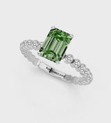 Silver Fancy Green Emerald Cut Diamond Solitaire Ring with Beaded Band and Prong Setting
