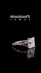 Silver Radiant Cut Diamond Ring with Marquise and Round with Pink Sapphire side stone Side Stones and Four-Prong Setting