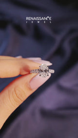 Silver Oval Cut Diamond Cathedral Solitaire Ring with Round  Pavé Band