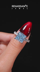White gold Fancy Blue Cushion Cut Diamond Cathedral Solitaire Ring with Round  Pavé Band