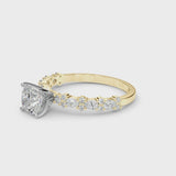 Yellow gold Cushion Cut Diamond Side Stone Solitaire Ring with Round  and Four-Prong Setting