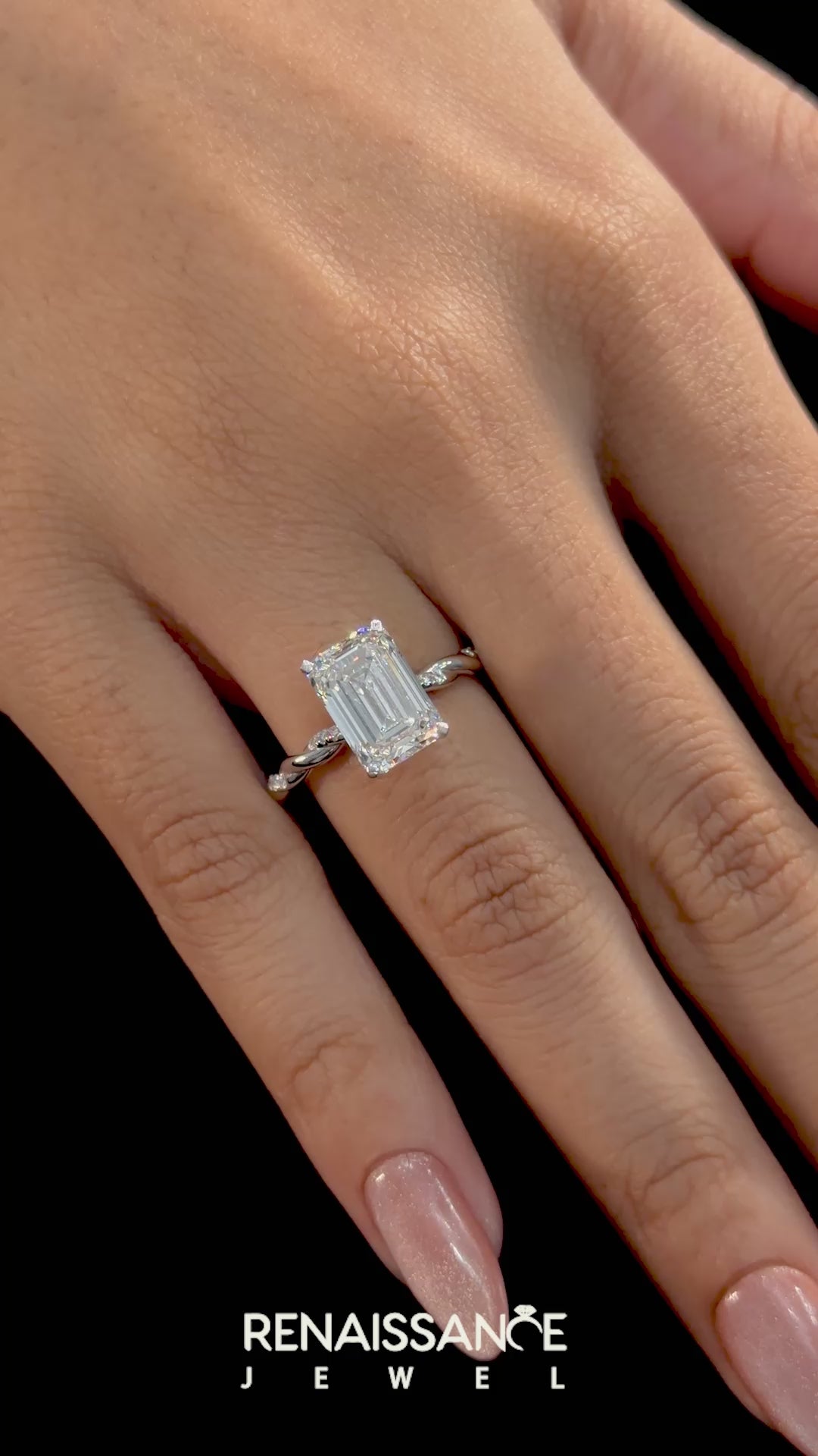 White gold Emerald Solitaire Twisted Band with Pavé Accents and Four-Prong Setting_54