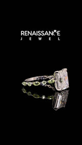 Silver Radiant Cut Diamond Ring with Marquise and Round with Peridot side stone Side Stones and Four-Prong Setting