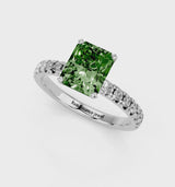 White gold Fancy Green Radiant  Solitaire Pave Diamond Engagement Ring with Four-Prong Setting