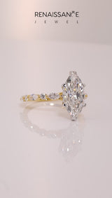 Yellow gold Marquise Cut Diamond Ring with Marquise and Round  Side Stones and Four-Prong Setting