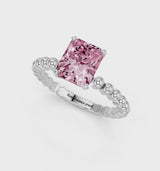 White gold Fancy Pink Radiant Cut Diamond Solitaire Ring with Beaded Band and Prong Setting