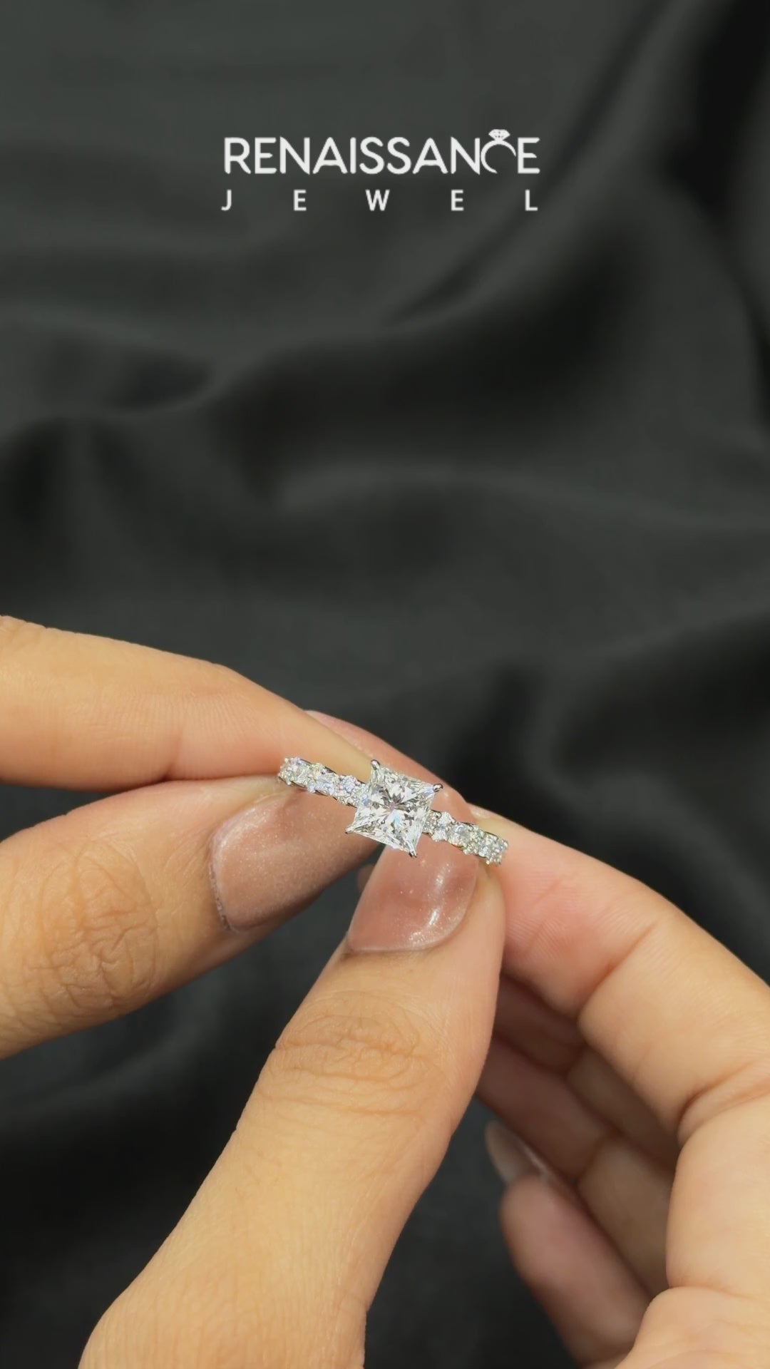 Silver Princess Solitaire with Side Stones, Pave Band, Four-Prong Setting_24