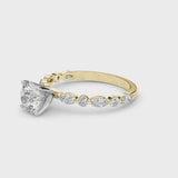 Yellow gold Asscher Cut Diamond Ring with Marquise and Round  Side Stones and Four-Prong Setting
