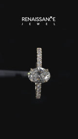 Yellow gold Oval Cut Diamond Solitaire Ring with Round  Pavé Band and Four-Prong Setting