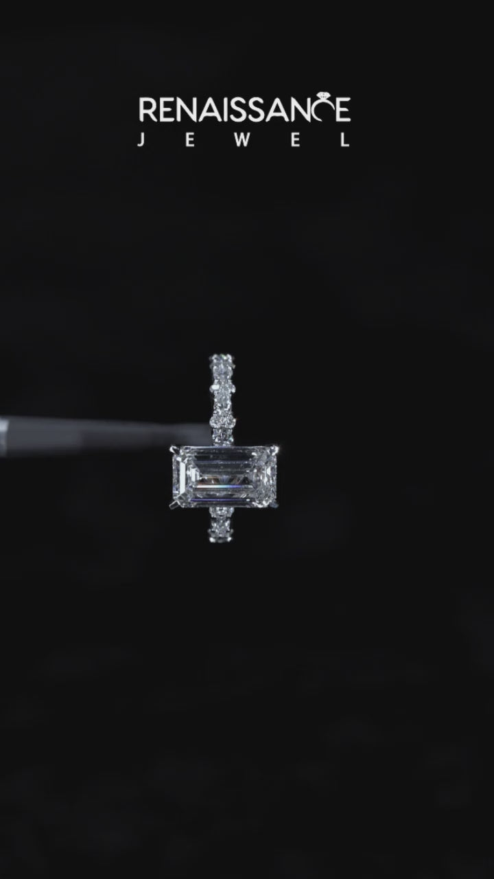 Platinum Emerald Solitaire with Side Stones, Pave Band, Four-Prong Setting 3