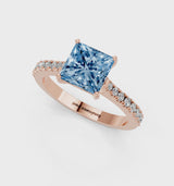 Rose gold Fancy Blue Princess  Cut Solitaire Diamond Engagement Ring with Pave Band and Four-Prong Setting