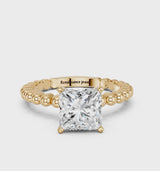 Yellow gold Princess Cut Diamond Solitaire Ring with Beaded Band and Prong Setting