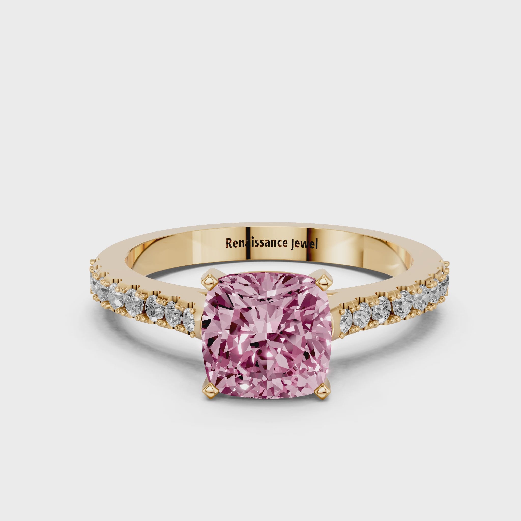 Yellow gold Fancy Pink Cushion  Cut Solitaire Diamond Engagement Ring with Pave Band and Four-Prong Setting_102