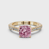 Yellow gold Fancy Pink Cushion  Cut Solitaire Diamond Engagement Ring with Pave Band and Four-Prong Setting