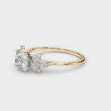 Yellow gold Round Diamond Floral Cluster Ring with Marquise Side Stones and Six-Prong Solitaire Setting