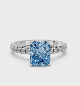 Platinum Fancy Blue Radiant  Solitaire Pave Diamond Engagement Ring with Four-Prong Setting