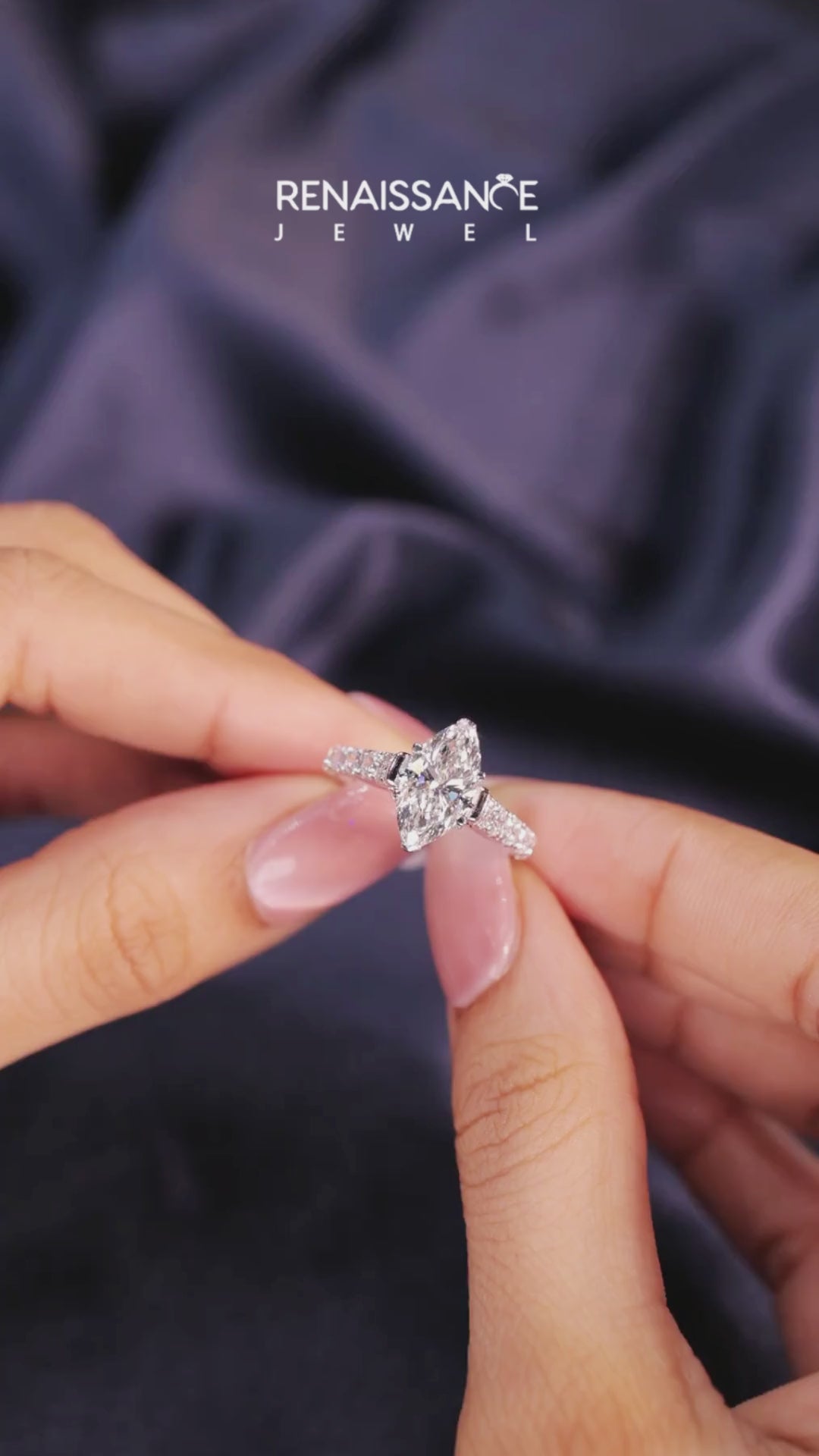 Platinum Marquise Cut Diamond Pavé Band Solitaire with Four-Prong Setting 4