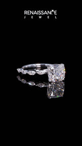 Silver Cushion Cut Diamond Ring with Marquise and Round  Side Stones and Four-Prong Setting