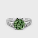 Silver Fancy Green Round Cut Diamond Solitaire Engagement Ring with Split Shank Pavé Band