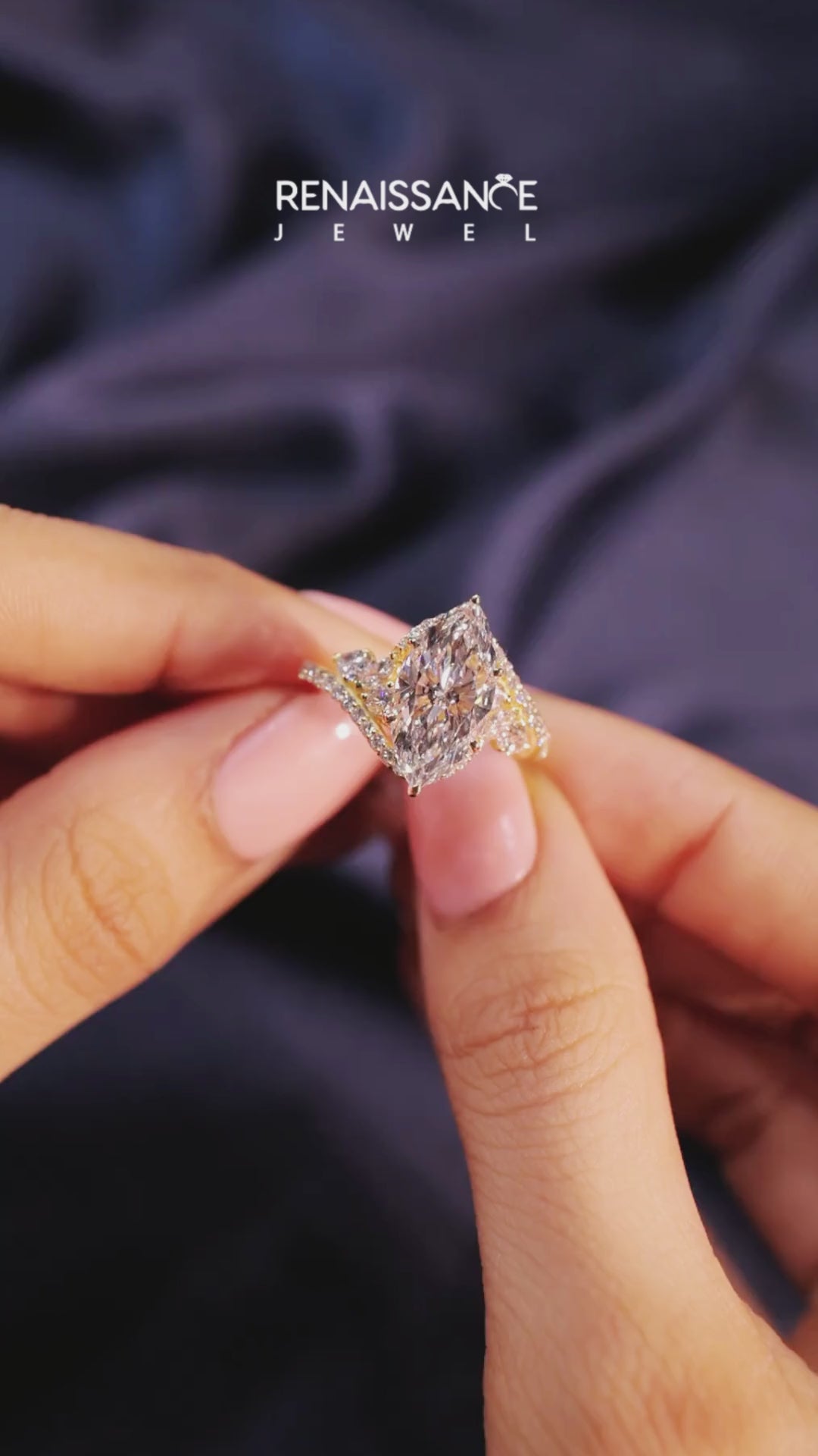 Yellow gold Marquise Diamond Halo Ring with Marquise and Pavé Band in Prong Setting 4