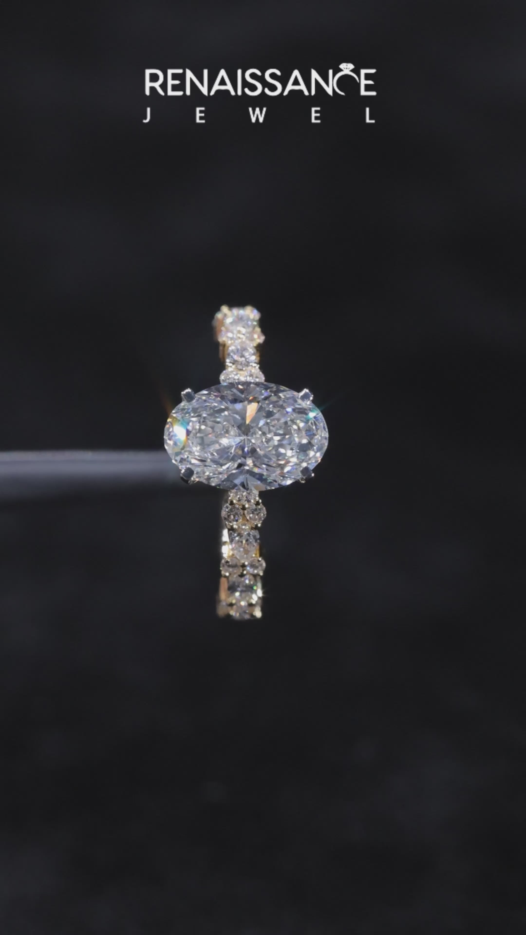 Yellow gold Oval Solitaire with Side Stones, Pave Band, Four-Prong Setting 4