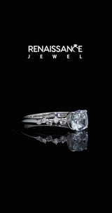 Silver Cushion Cut Aquamarine Cluster Side Stone Solitaire Ring with Prong Setting