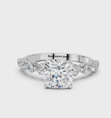 White gold Cushion Cut Solitaire Diamond Ring with Pave Band and Four-Prong Setting