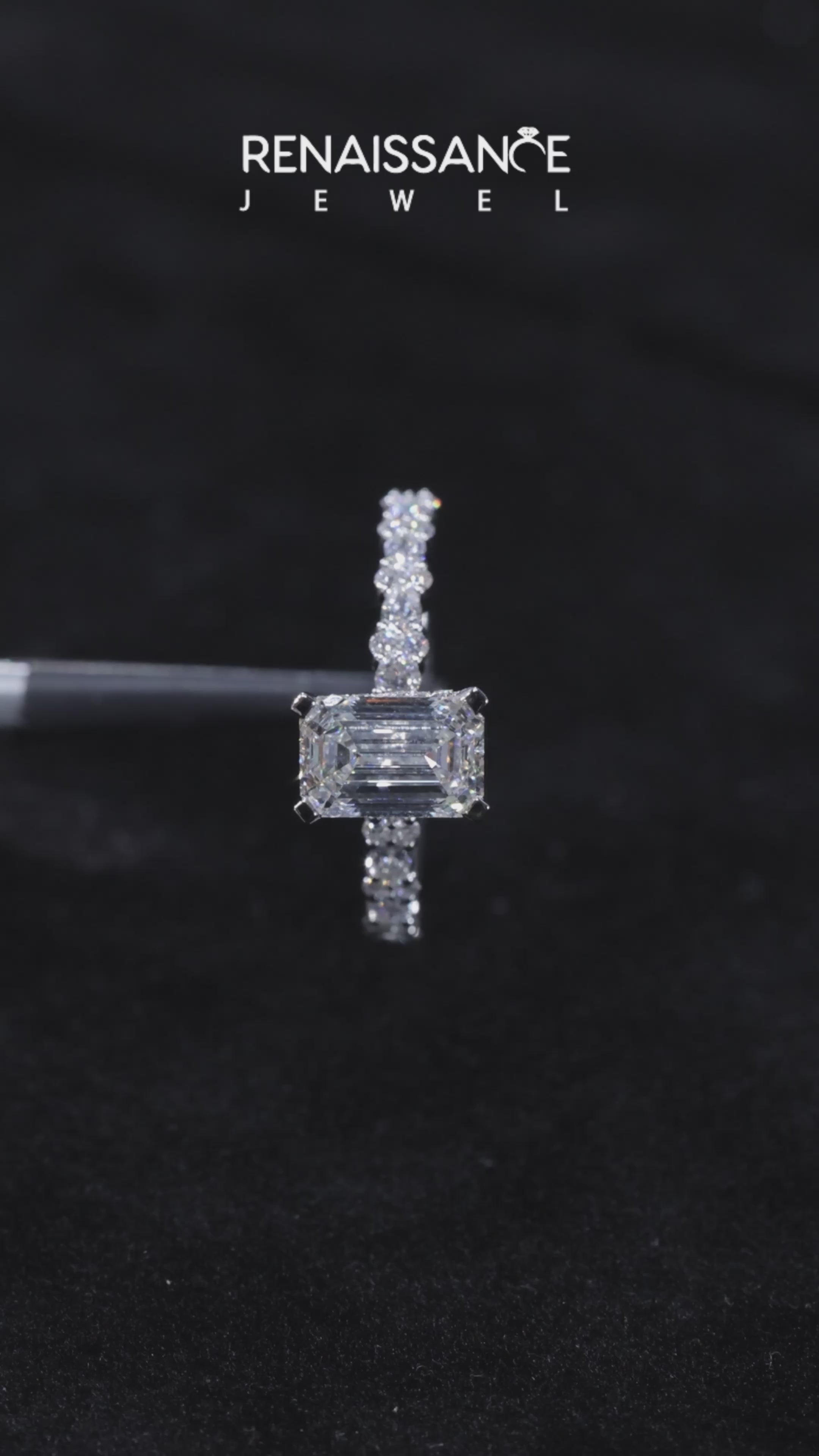 Silver Emerald Diamond Pavé Band Solitaire Ring with Four-Prong Setting 4