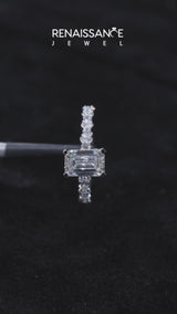 White gold Emerald Cut Diamond Pavé Band Solitaire Ring with Prong Setting