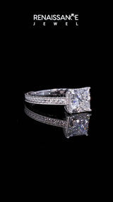 Platinum Emerald Cut Diamond Engagement Ring with Milgrain Channel Set Band and Prong Setting