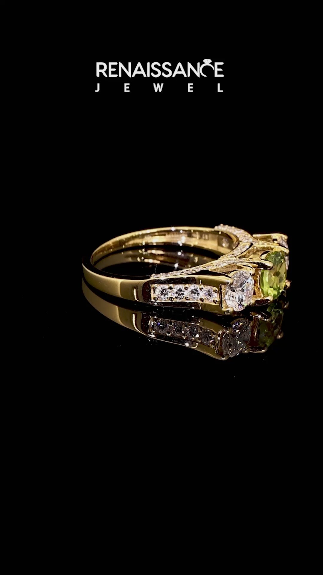 Yellow gold Round Cut Peridot Three-Stone Ring with Channel Set Band and Four-Prong Setting_15