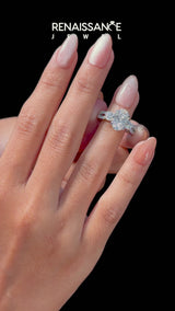 Platinum Oval Cut Diamond Three-Stone Ring with Pavé Split Shank and Four-Prong Setting