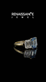 Yellow gold Three-Stone Fancy Blue Emerald Cut Diamond Engagement Ring with Prong Setting