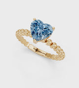 Yellow gold Fancy Blue Heart Cut Diamond Solitaire Ring with Beaded Band and Prong Setting