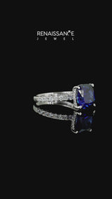 Silver Cushion Cut Blue Sapphire Pave Band Solitaire Ring with Round  and Prong Setting