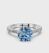 Silver Fancy Blue Round  Cut Solitaire Diamond Engagement Ring with Pave Band and Four-Prong Setting
