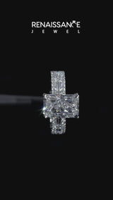 Silver Radiant Cut Diamond Solitaire Ring with Pavé and Channel Set Band