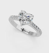 Platinum Heart Cut Solitaire Diamond Engagement Ring with Pave Band and Four-Prong Setting