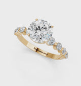 Yellow gold Round Cut Solitaire Diamond Ring with Pave Band and Four-Prong Setting