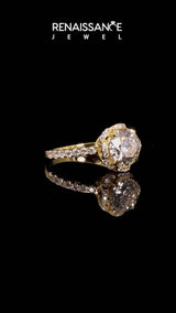 Yellow gold Emerald Cut Diamond Halo Pave Band with Four-Prong Setting