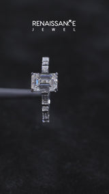 Silver Emerald Cut Diamond Solitaire with Side Baguettes and Channel Set Band