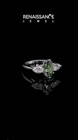 Silver Fancy Green Marquise Cut Diamond Three-Stone Ring with Pear Side Stones and Prong Setting